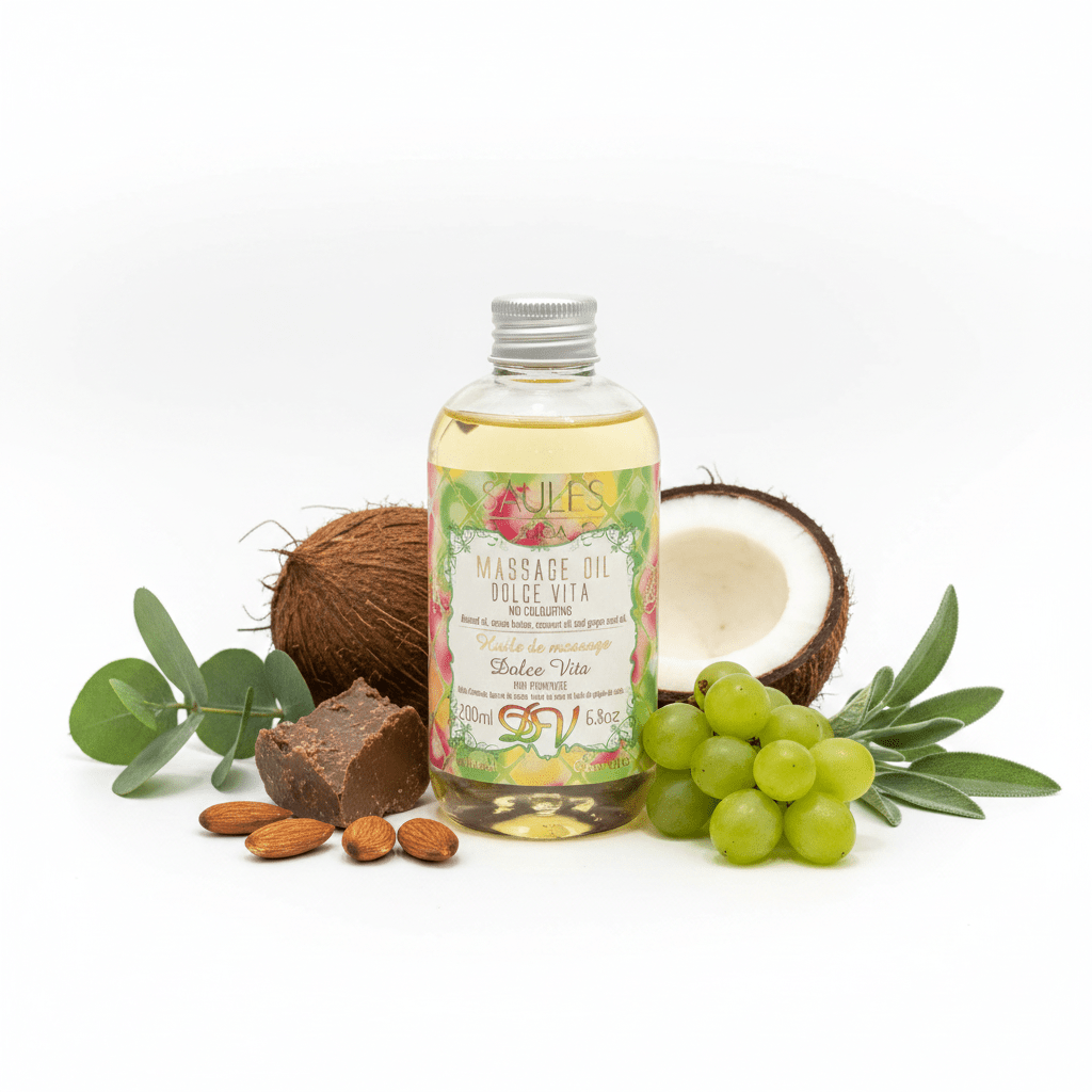 Aceite de Masaje Dolce Vita 200ml - Almendras, Coco y Semilla de Uva | Paules Riga Aceites de MasajeTienda esotérica Málaga - La Tienda de Tata Magic: tienda Esotérica en Málaga